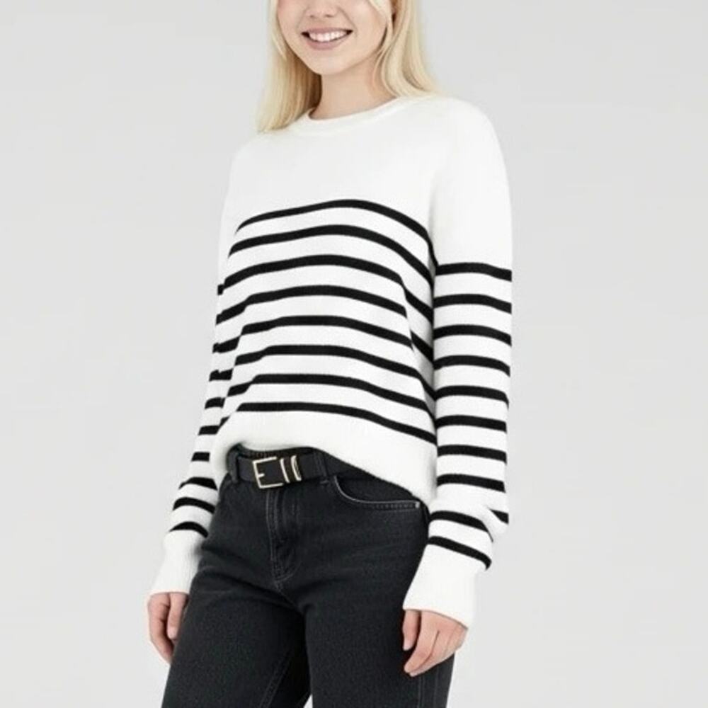 For The Republic White & Black Striped Sweater Size M/M (Chic Crop Knit)